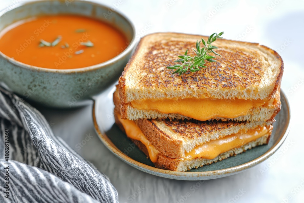 Golden-brown grilled cheese sandwich, oozing cheese, paired with a bowl of vibrant tomato soup. A perfect comfort food! Golden-brown grilled cheese sandwich, oozing cheese, paired with a bowl of vibrant tomato soup. A perfect comfort food!