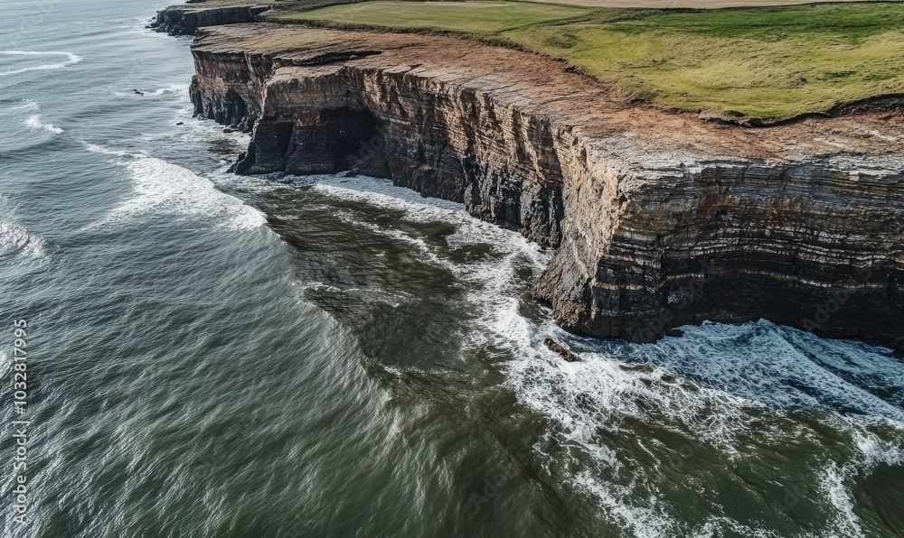 Aerial view of waves crashing into an eroded cliff face along a rugged coastline Aerial view of waves crashing into an eroded cliff face along a rugged coastline