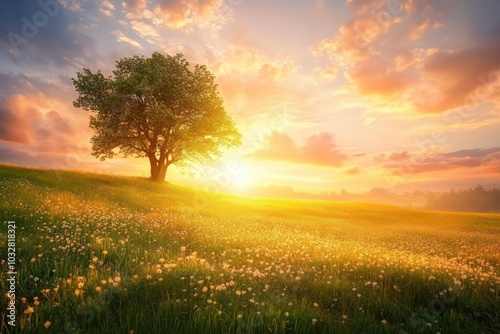 Wallpaper Mural Solitary Tree on a Field of Wildflowers at Sunset Torontodigital.ca