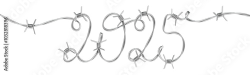 New Year 2025. Numbers twisted with barbed wire imitating handwritten text. Transparent background. 3D rendering
