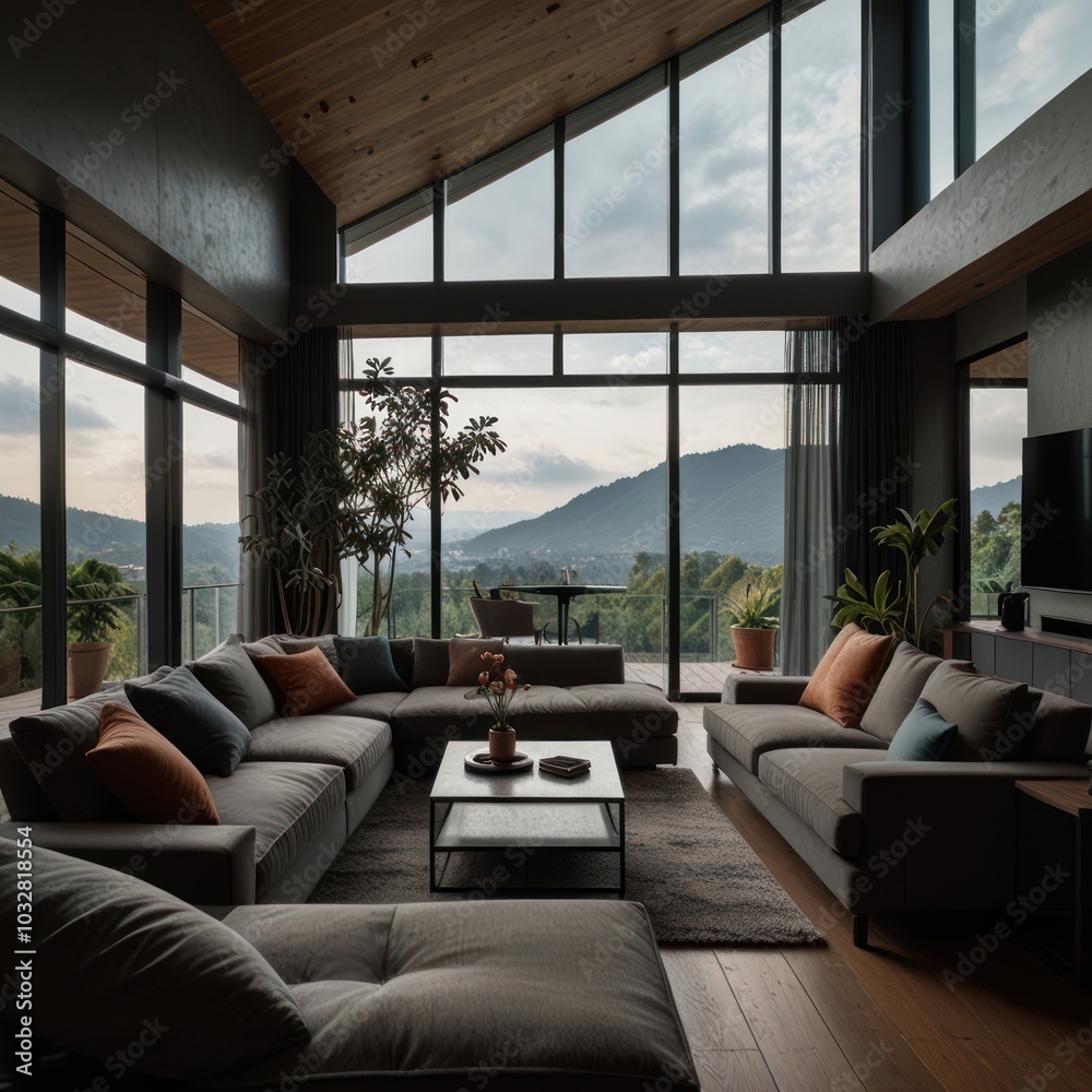 A modern living room with a large sectional sofa and a view of the mountains.