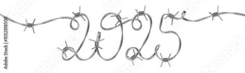 New Year 2025. Numbers twisted with barbed wire imitating handwritten text. Transparent background. 3D rendering