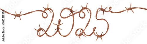 New Year 2025. Numbers twisted with barbed wire imitating handwritten text. Transparent background. 3D rendering
