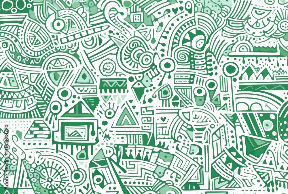 Obraz premium Intricate green and white pattern featuring simple line drawings of maze-like shapes filled with various patterns. The design showcases doodle art style against a plain green background.