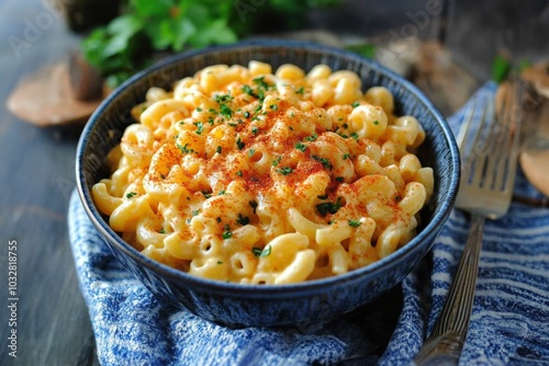 Indulge in this creamy, dreamy macaroni and cheese! Perfectly cooked pasta in a rich, cheesy sauce, topped with parsley and paprika. Comfort food at its finest! photo