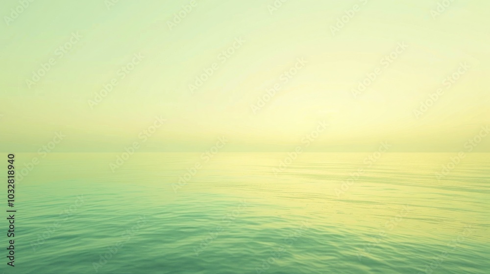 Obraz premium Serene seascape with calm water stretching into the horizon under a soft, light-yellow sky.