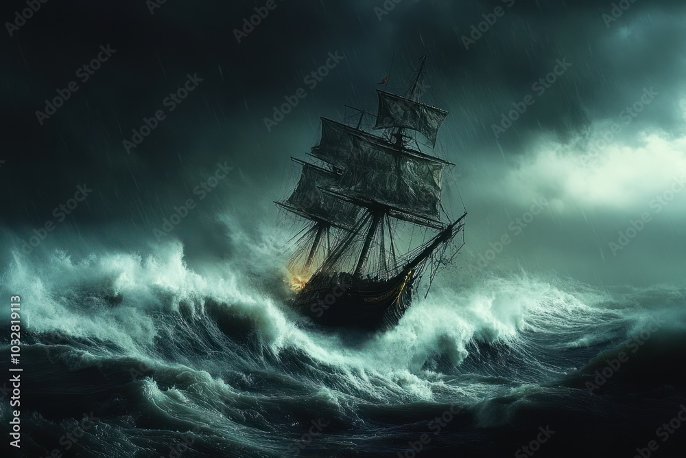 Naklejka premium An old sailing ship struggles against a raging storm at sea