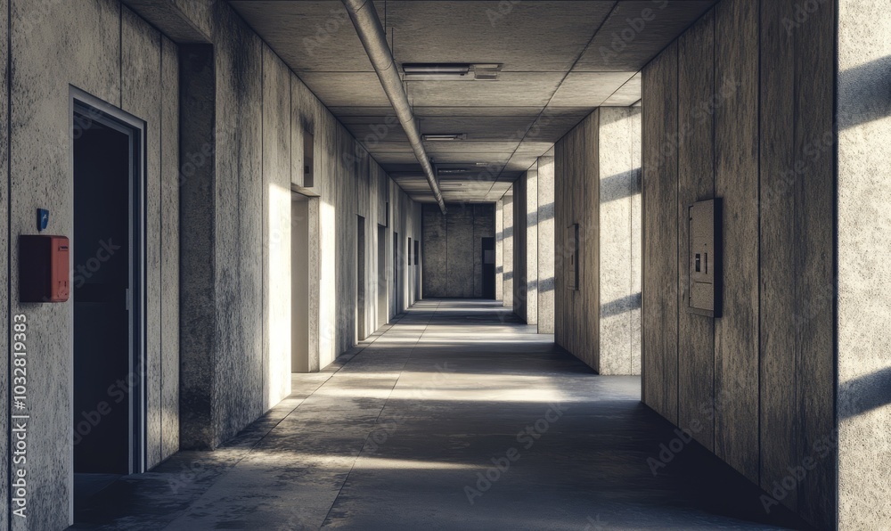 Brutalist student housing with blocky, repetitive units, exposed concrete surfaces, and narrow, shadow-filled corridors Brutalist student housing with blocky, repetitive units, exposed concrete surfaces, and narrow, shadow-filled corridors