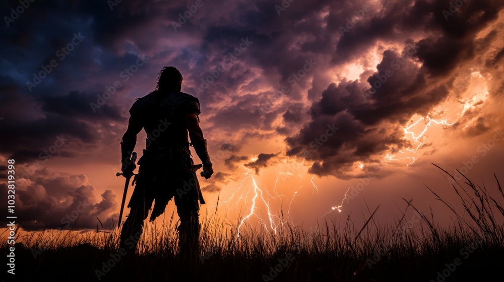 Silhouette of a warrior standing tall against a stormy sky, with lightning in the distance. Silhouette of a warrior standing tall against a stormy sky, with lightning in the distance.