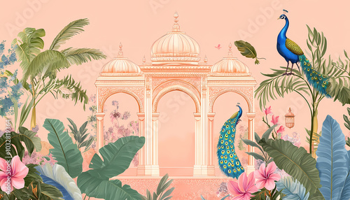 A peacock and plants in the distance, with an arch of leaves framing the scene, against a pastel background. Indian motif patterns adorn the border photo