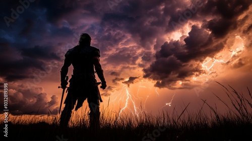 Silhouette of a warrior standing tall against a stormy sky, with lightning in the distance. 