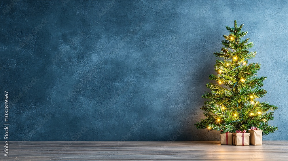 Christmas Tree with Gifts on Wooden Table Against Blue Wall. Christmas Tree with Gifts on Wooden Table Against Blue Wall.