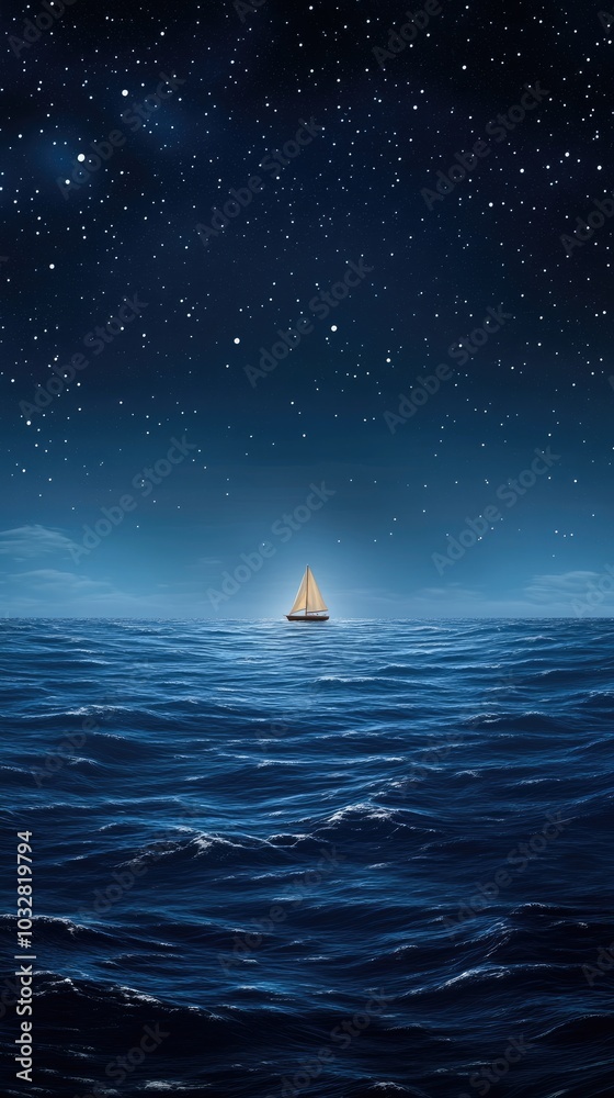 A small sailboat navigates the tranquil sea, illuminated by moonlight, as a vast expanse of twinkling stars fills the night sky, creating a serene atmosphere.