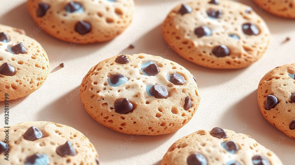 Elegant Chocolate Chip Cookies Seamless Pattern on Textured Paper with Delicate Blue and White Tones Against Beige Background Elegant Chocolate Chip Cookies Seamless Pattern on Textured Paper with Delicate Blue and White Tones Against Beige Background