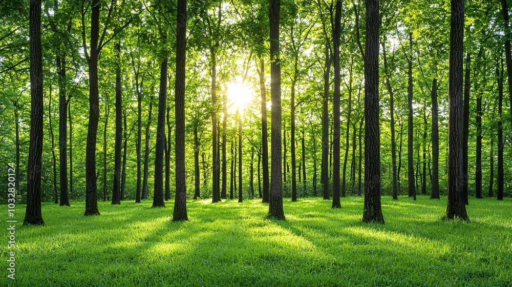 Sunbeams Through The Forest Trees. Sunbeams Through The Forest Trees.