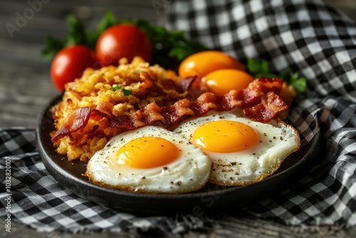 Perfectly runny sunny-side up eggs with crispy bacon and golden hash browns. A delightful breakfast plate!