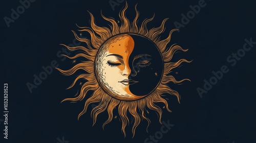 Stylized sun and moon icons interlocked, representing day and night cycles.  photo