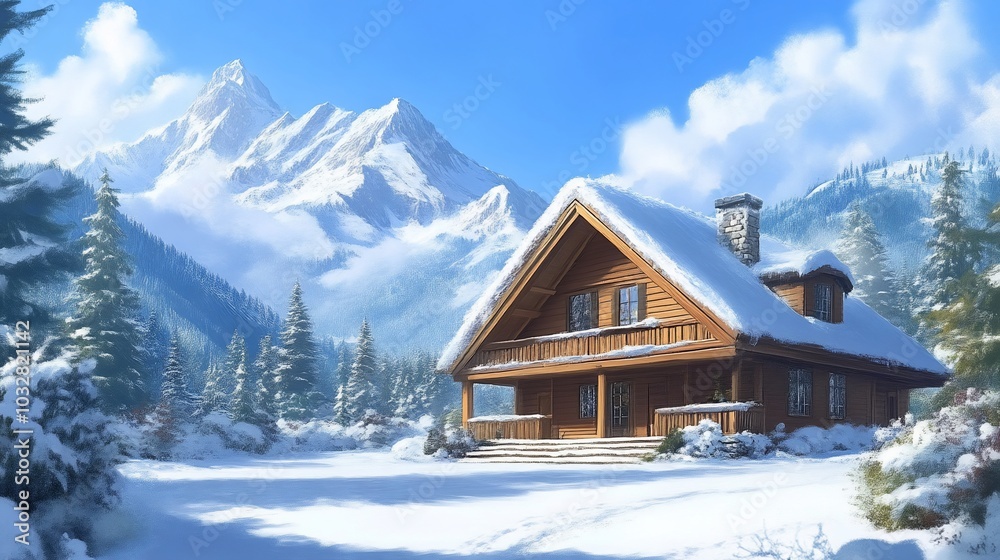 A cozy wooden cabin nestled in a snowy mountain landscape with a blue sky and white clouds. A cozy wooden cabin nestled in a snowy mountain landscape with a blue sky and white clouds.