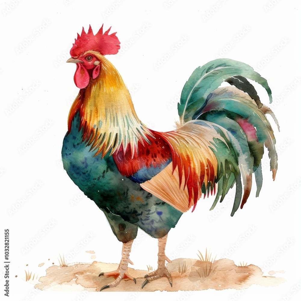 Fototapeta premium Artistic watercolor portrayal of a rooster against a clean white backdrop, blending abstract