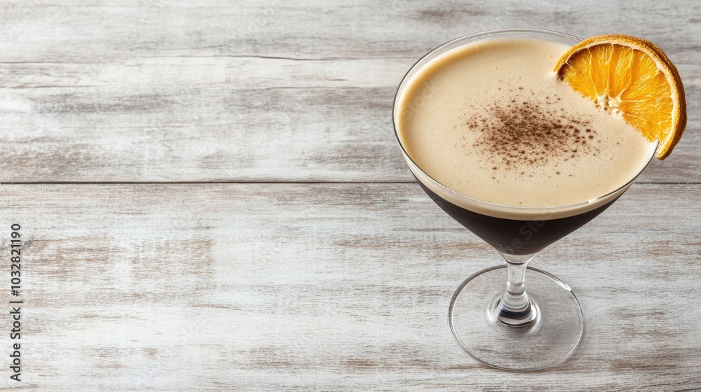 A dark brown espresso martini is beautifully arranged with a dried orange slice on a clean, white wooden table. The top view highlights its rich texture and inviting presentation A dark brown espresso martini is beautifully arranged with a dried orange slice on a clean, white wooden table. The top view highlights its rich texture and inviting presentation