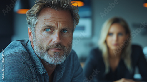 two colleagues in a modern office meeting room looking to the side with thoughtful expressions