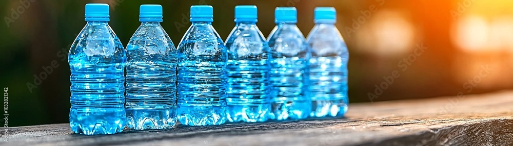 Row of Water Bottles on Wooden Surface. Row of Water Bottles on Wooden Surface.