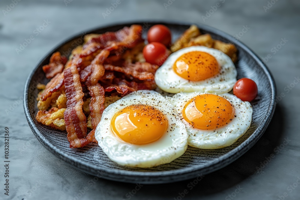 Three sunny-side-up eggs, crispy bacon, and roasted cherry tomatoes create a delightful breakfast plate, ready to savor! Three sunny-side-up eggs, crispy bacon, and roasted cherry tomatoes create a delightful breakfast plate, ready to savor!