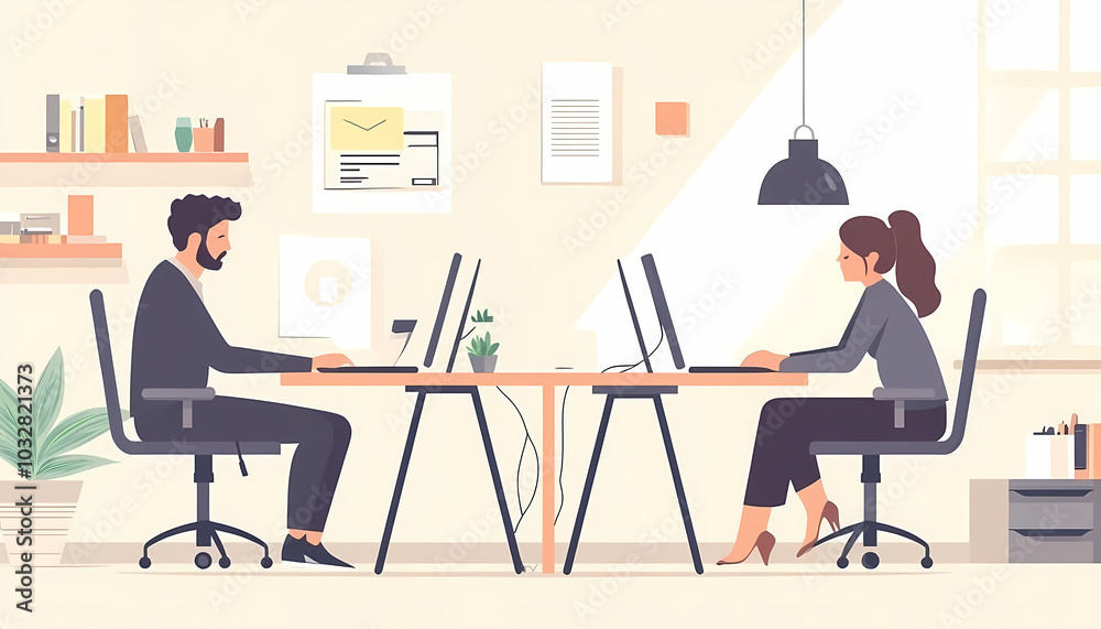 Two vector illustrations of two people working at their desks, one sitting and the other standing on white background. The man is using his laptop while looking for ideas in digital marketing Two vector illustrations of two people working at their desks, one sitting and the other standing on white background. The man is using his laptop while looking for ideas in digital marketing