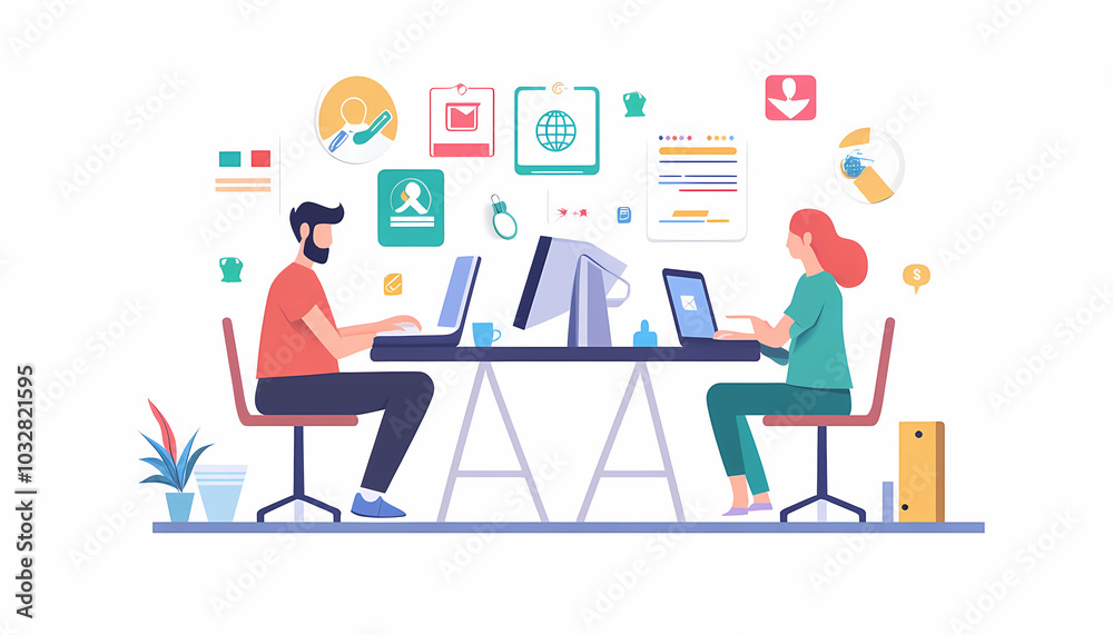 Two vector illustrations of two people working at their desks, one sitting and the other standing on white background. The man is using his laptop while looking for ideas in digital marketing Two vector illustrations of two people working at their desks, one sitting and the other standing on white background. The man is using his laptop while looking for ideas in digital marketing