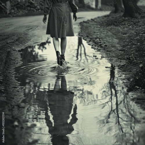 A poignant back view of a WWII woman walking away, her reflection captured in a water puddle