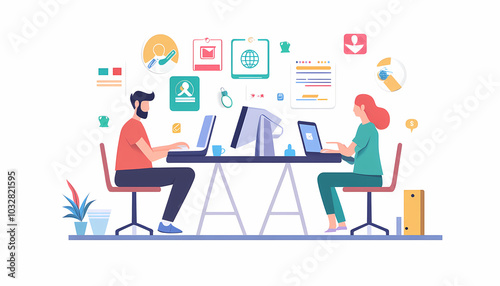 Two vector illustrations of two people working at their desks, one sitting and the other standing on white background. The man is using his laptop while looking for ideas in digital marketing 