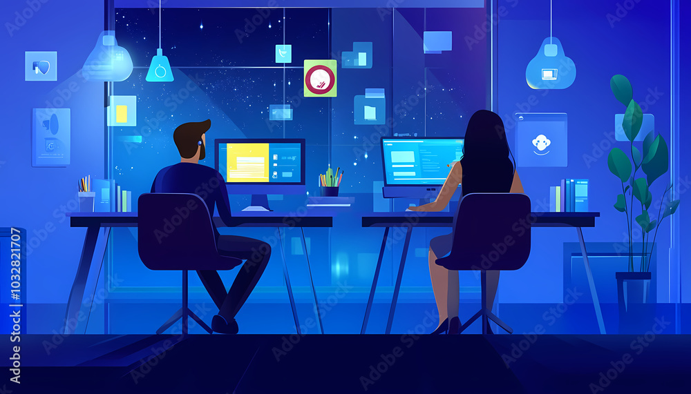 Two vector illustrations of two people working at their desks, one sitting and the other standing on white background. The man is using his laptop while looking for ideas in digital marketing Two vector illustrations of two people working at their desks, one sitting and the other standing on white background. The man is using his laptop while looking for ideas in digital marketing