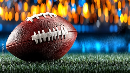 American Football on Green Grass with Blurred Lights in the Background. photo