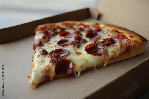 A cheesy pepperoni pizza slice, freshly baked and oozing with melted mozzarella. A delicious treat! Enjoy the savory goodness. photo