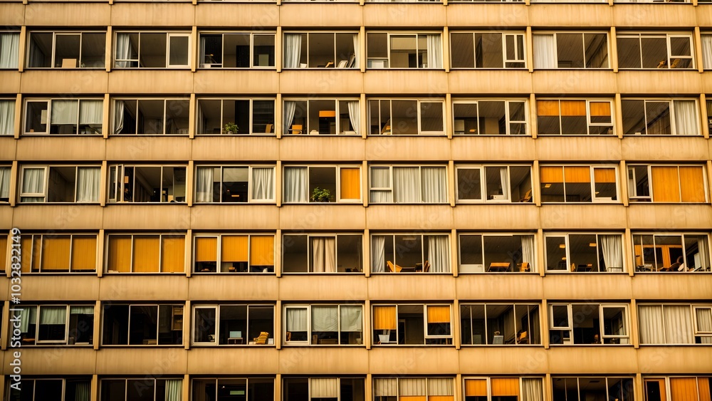 Simple high contrast art photography, warm tones. A building full of modern looking windows Simple high contrast art photography, warm tones. A building full of modern looking windows