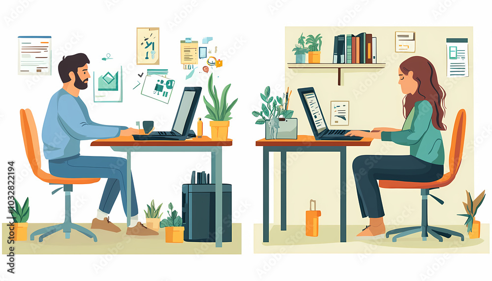 Flat illustrations of two people working together at their desks, with one person sitting on the left side and another woman seated to his right., Flat illustration style with simple shapes and lines, Flat illustrations of two people working together at their desks, with one person sitting on the left side and another woman seated to his right., Flat illustration style with simple shapes and lines,
