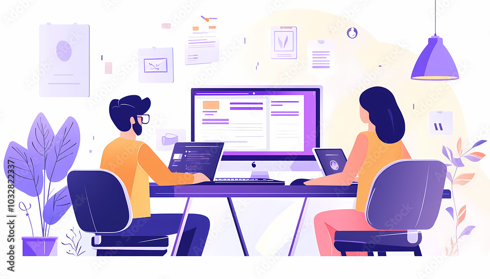 Flat illustrations of two people working together at their desks, with one person sitting on the left side and another woman seated to his right., Flat illustration style with simple shapes and lines,