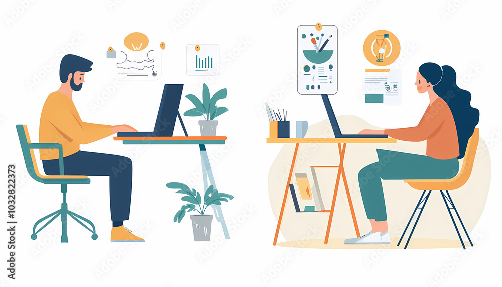 Flat illustrations of two people working together at their desks, with one person sitting on the left side and another woman seated to his right., Flat illustration style with simple shapes and lines, Flat illustrations of two people working together at their desks, with one person sitting on the left side and another woman seated to his right., Flat illustration style with simple shapes and lines,