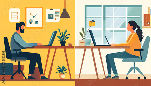 Two vector illustrations of two people working at their desks, one sitting and the other standing on white background. The man is using his laptop while looking for ideas in digital marketing 