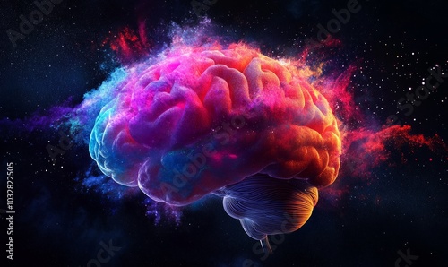 Vibrant explosion of colors in a galaxy-like brain. Delightful creativity and mind-blowing concept