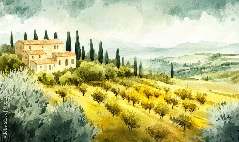 Naklejka premium Watercolor illustration landscape view of countryside panorama with olive trees, old farmhouses