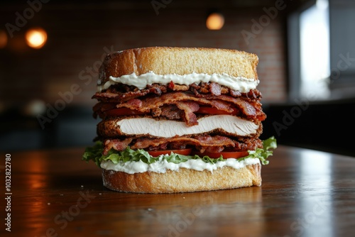 Behold! A colossal club sandwich, layered with crispy bacon, juicy turkey, ripe tomatoes, and creamy dressing. A culinary masterpiece!