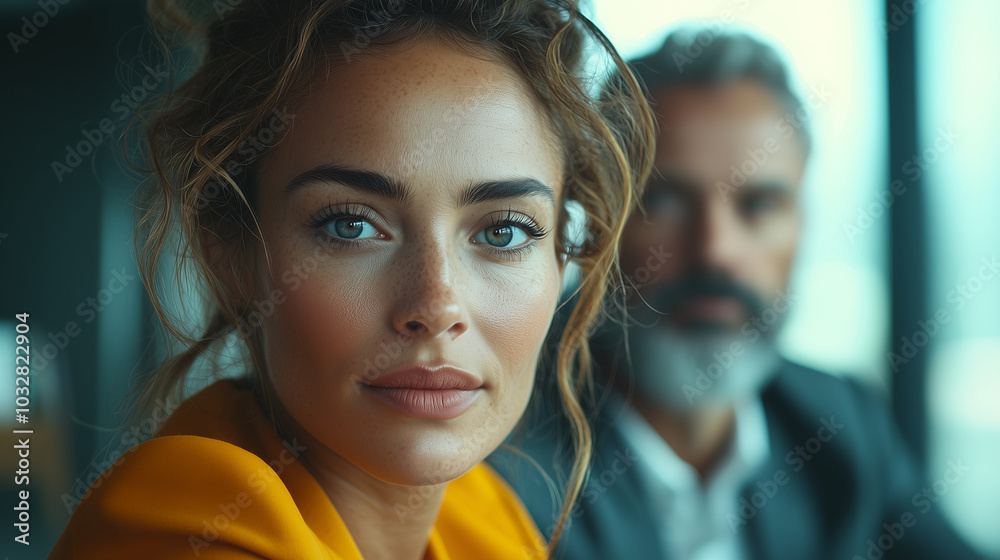 close up of a professional woman in an orange blazer with a serious expression and a blurred older man in the background in an office setting close up of a professional woman in an orange blazer with a serious expression and a blurred older man in the background in an office setting