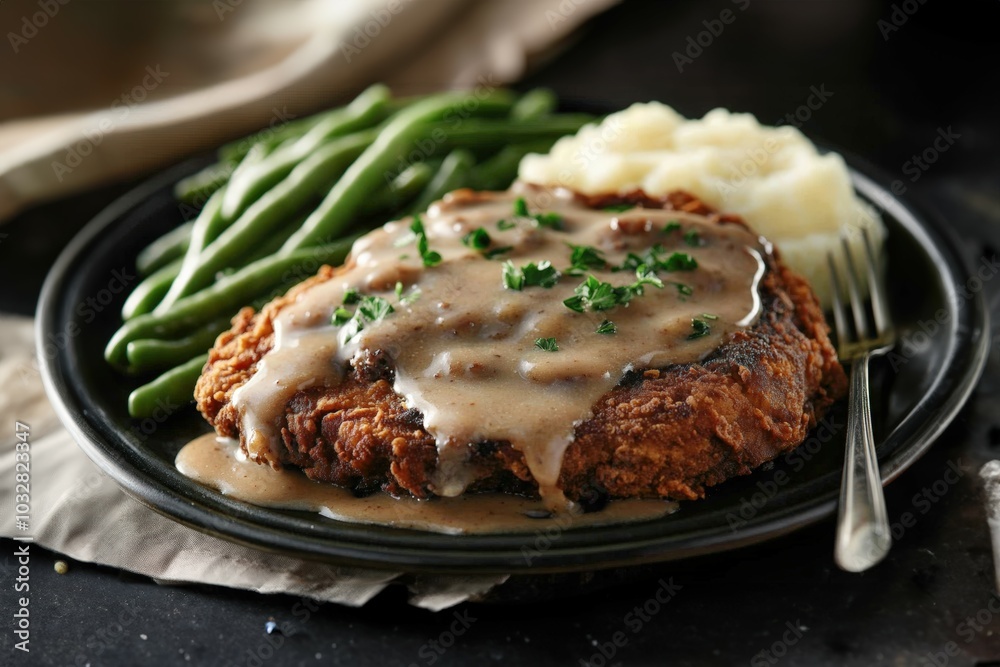 Crispy Chicken-Fried Steak, smothered in creamy gravy, served with fluffy mashed potatoes and green beans. A delicious comfort food! Crispy Chicken-Fried Steak, smothered in creamy gravy, served with fluffy mashed potatoes and green beans. A delicious comfort food!