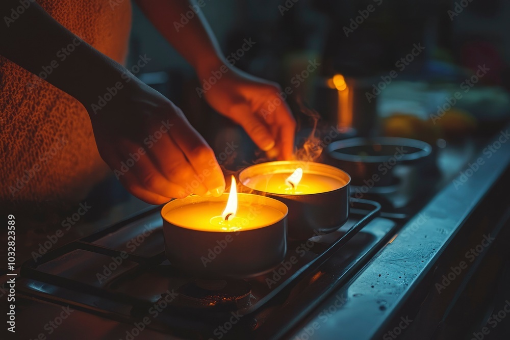 Person lighting candles on a dark stovetop Person lighting candles on a dark stovetop
