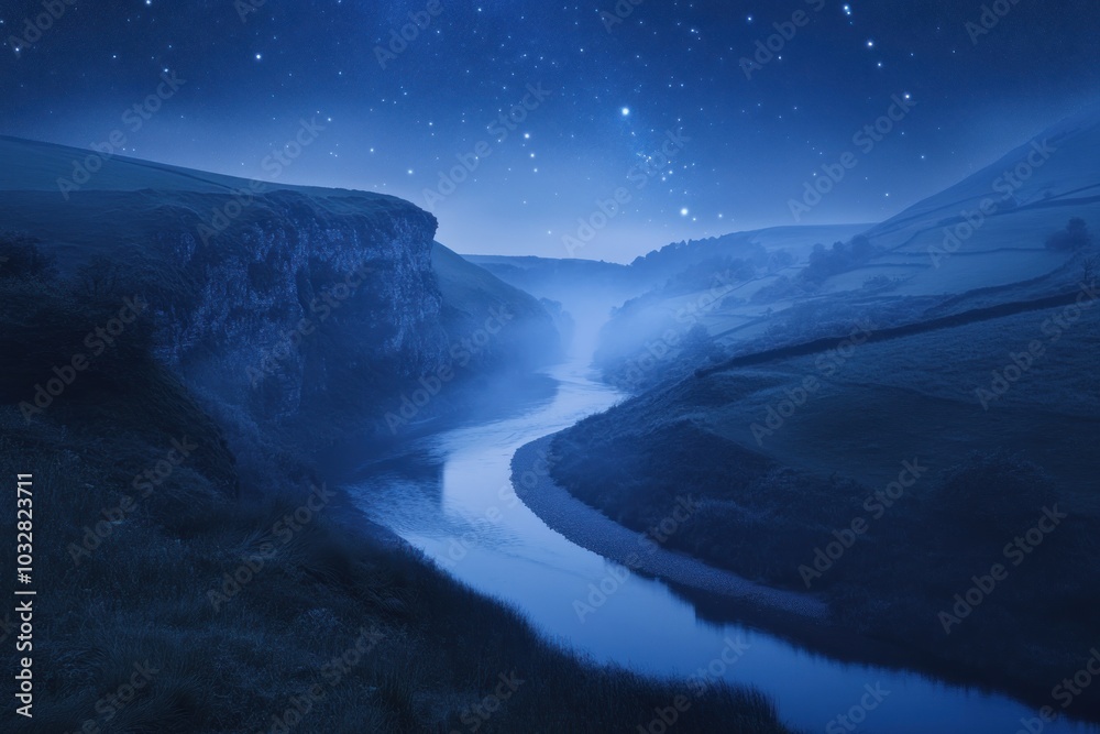 Naklejka premium A Serene Nighttime Landscape with a River Flowing Through a Valley Under a Starry Sky