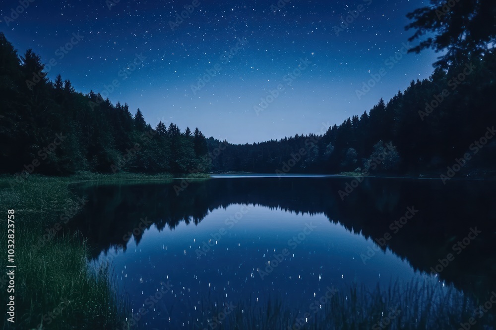 Fototapeta premium Starry Night Reflecting in a Still Forest Lake