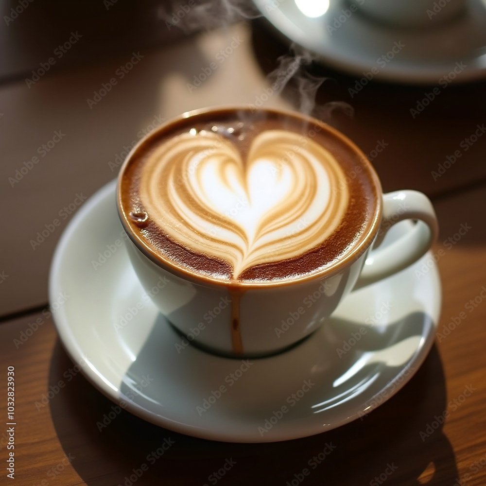 A Steaming Cup Of Cappuccino With Intricate Latte Art In The Shape Of A Heart. A Steaming Cup Of Cappuccino With Intricate Latte Art In The Shape Of A Heart.
