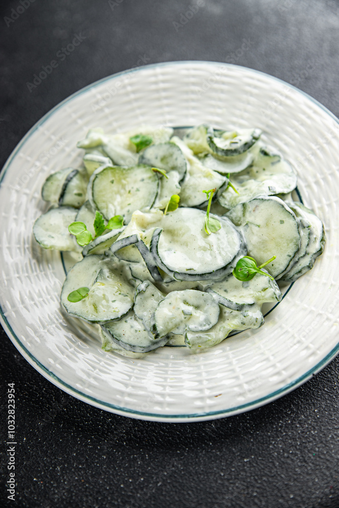 Сucumber salad fresh cream tasty food dish fresh delicious gourmet food background on the table rustic food top view copy space top view keto and paleo diet Vegetarian and vegan food Сucumber salad fresh cream tasty food dish fresh delicious gourmet food background on the table rustic food top view copy space top view keto and paleo diet Vegetarian and vegan food