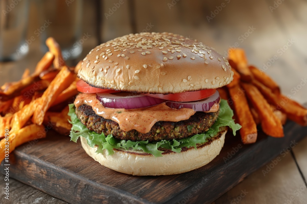 Savor the vibrant Veggie Burger, layered with fresh lettuce, tomato, red onion, and a creamy sauce. Served with crispy sweet potato fries!